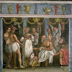 Actores ensayando para una obra de sátiro, c.62-79 d.C.
